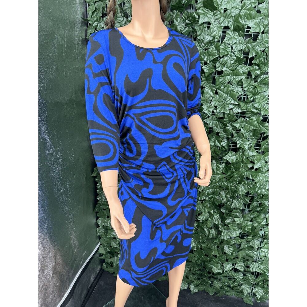 MILANO Royal BLUE & BLACK ABSTRACT LONG SLEEVE DRESS SZ M